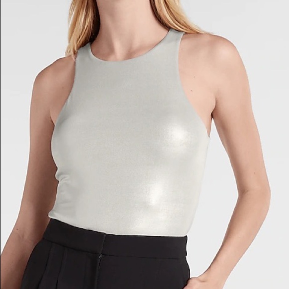 Metallic Body Contour Double Layer High Neck Thong Bodysuit